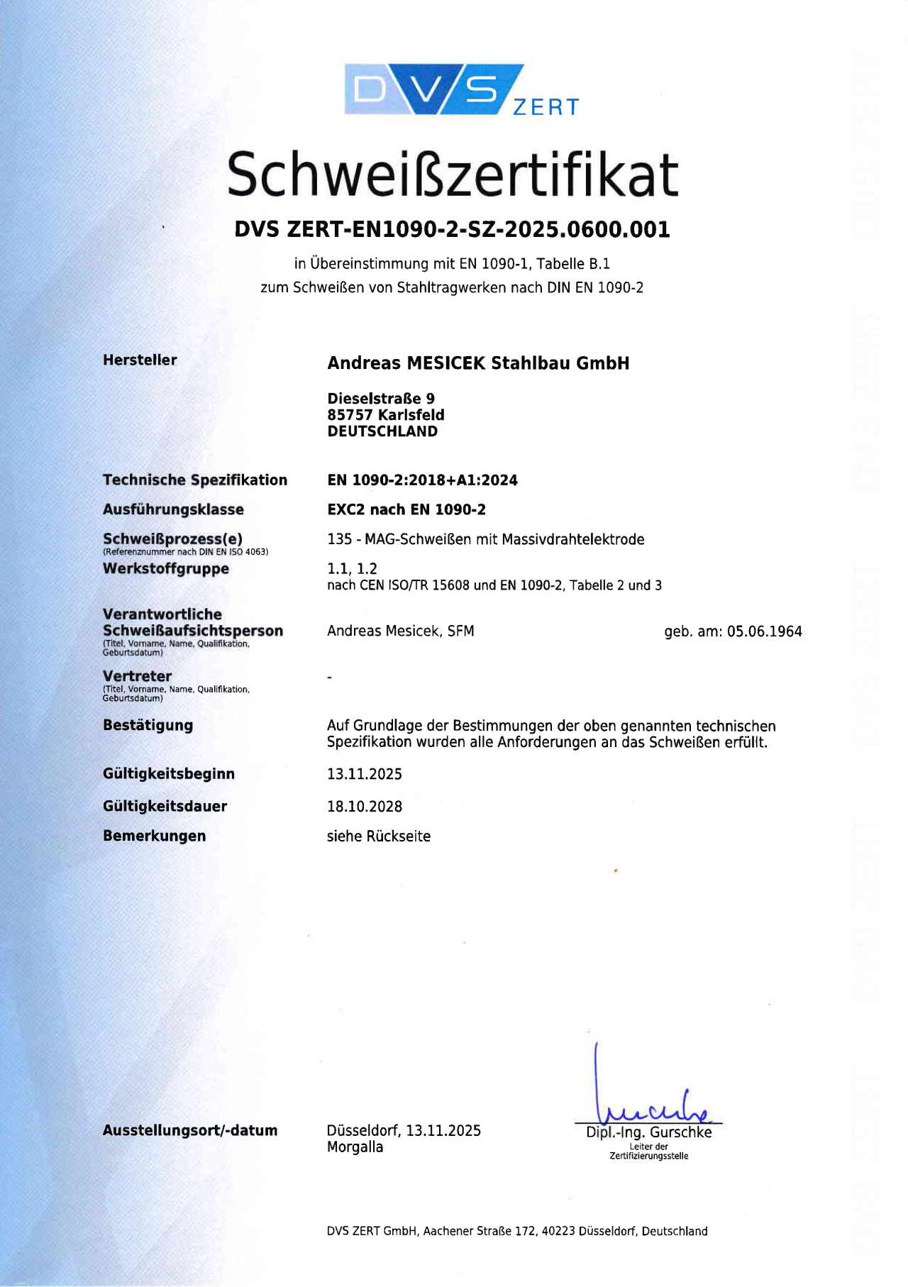 DVS Schweißzertifikat – Vorschau